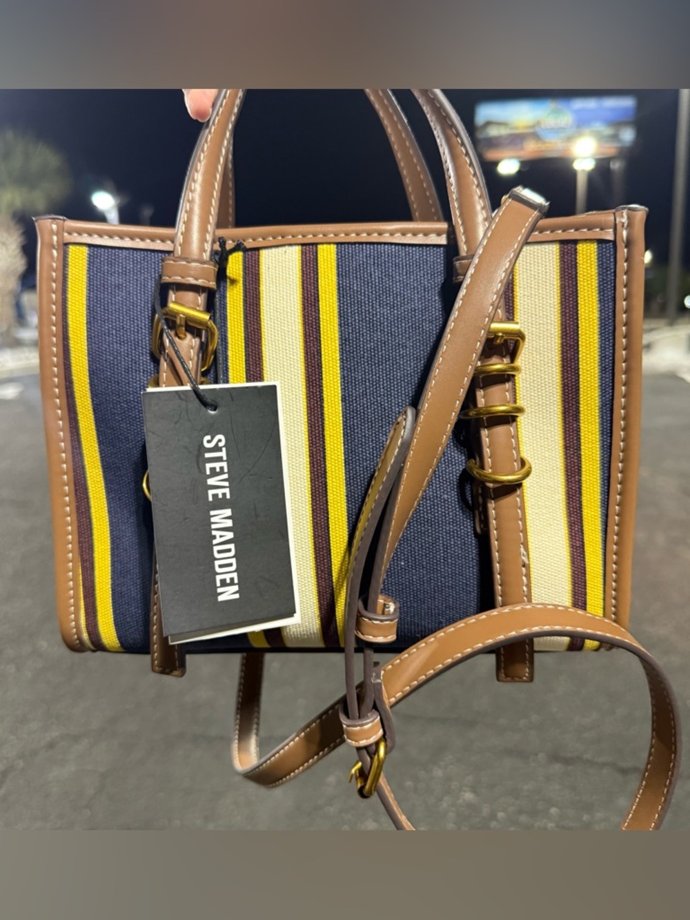 NWT Steve Madden Striped Canvas Mini Satchel Crossbody Brown Yellow Navy Chic